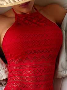 Hollow Out Halter One Piece Swimsuit - Red - View 3
