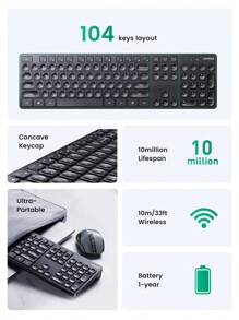 Teclado inalámbrico UGREEN 2,4G, teclado para ordenador portátil de 104 teclas - Negro - Ver 3