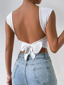 SHEIN ChicEase 素色後背繫帶短款背心 - 白色 - 查看 1