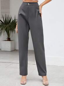 SHEIN Tall 高腰拼接細節直筒褲 - 深灰色 - 查看 3
