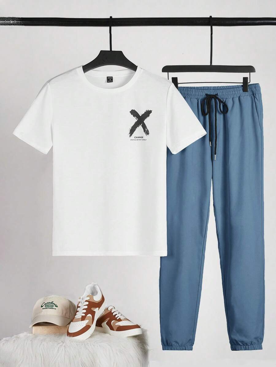 GENTILAND 男士字母圖案T恤和腰部抽繩長褲 - 霧霾藍 - 查看 1