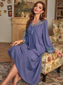 蕾絲拼接前繫帶睡裙 - 藍色 - 查看 1