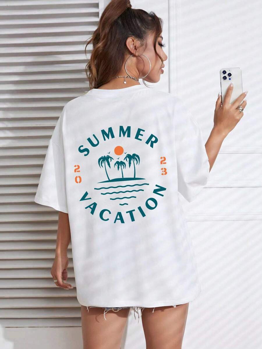 SHEIN EZwear Tropical And Letter Graphic Drop Shoulder Oversized Tee - White - View 1