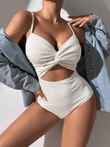 SHEIN Swim 前扭結鏤空一片式吊帶泳衣 - 米色 - 查看 3