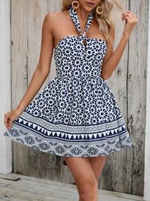 SHEIN VCAY Allover Print Tie Backless Halter Dress - Blue and White - View 4