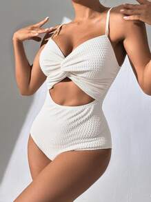 SHEIN Swim 前扭結鏤空一片式吊帶泳衣 - 米色 - 查看 5