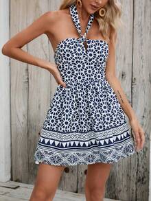 SHEIN VCAY Allover Print Tie Backless Halter Dress - Blue and White - View 3