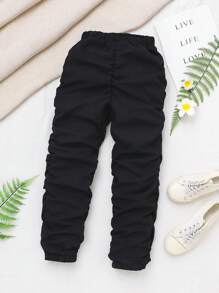 SHEIN Girls Solid Ruched Trousers - Black - View 2