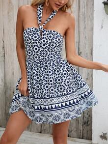 SHEIN VCAY Allover Print Tie Backless Halter Dress - Blue and White - View 5