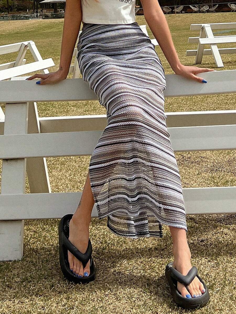 DAZY Striped Print Split Thigh Skirt - Multicolor - View 1