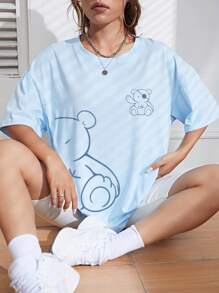 INAWLY Cartoon Graphic Drop Shoulder Tee Graphic Tees Women Tops - Baby Blue - View 3