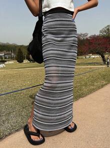 DAZY Striped Print Split Thigh Skirt - Multicolor - View 6