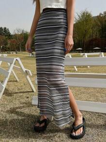DAZY Striped Print Split Thigh Skirt - Multicolor - View 7