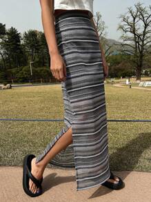 DAZY Striped Print Split Thigh Skirt - Multicolor - View 8