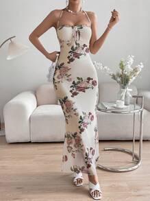 SHEIN Privé 印花前繫帶繞頸露背魚尾裙下擺吊帶洋裝 - 杏色 - 查看 4