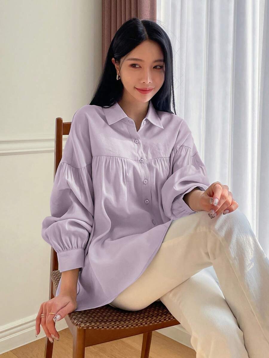 DAZY Solid Drop Shoulder Button Front Shirt Long Sleeve Top - Lilac Purple - View 1
