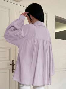 DAZY Solid Drop Shoulder Button Front Shirt Long Sleeve Top - Lilac Purple - View 2