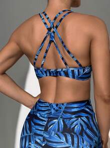 SHEIN Tropical Print Criss Cross Backless Bikini Top - Blue - View 2