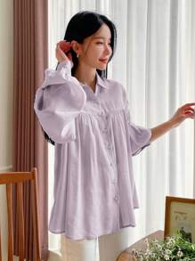 DAZY Solid Drop Shoulder Button Front Shirt Long Sleeve Top - Lilac Purple - View 4
