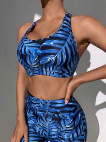SHEIN Tropical Print Criss Cross Backless Bikini Top - Blue - View 3