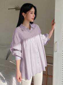 DAZY Solid Drop Shoulder Button Front Shirt Long Sleeve Top - Lilac Purple - View 5
