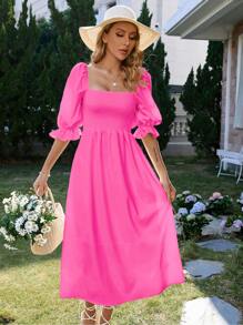 SHEIN Frenchy 方領荷葉袖A字洋裝 - 玫紅色 - 查看 7