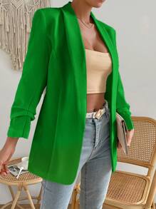 SHEIN Essnce 素色開門襟青果領西裝外套 - 綠色 - 查看 1