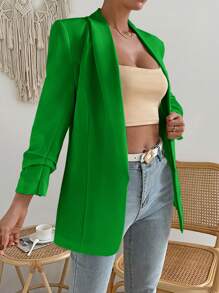 SHEIN Essnce 素色開門襟青果領西裝外套 - 綠色 - 查看 5