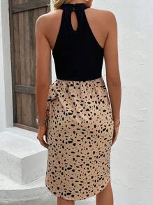 Calvaya Dalmatian Print Knot Side Wrap Hem Halter Dress