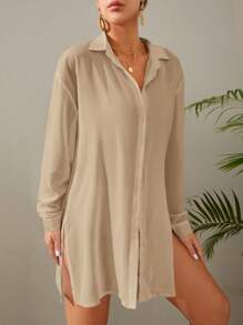 SHEIN Maternity Button Front Drop Shoulder Kimono - Khaki - View 5