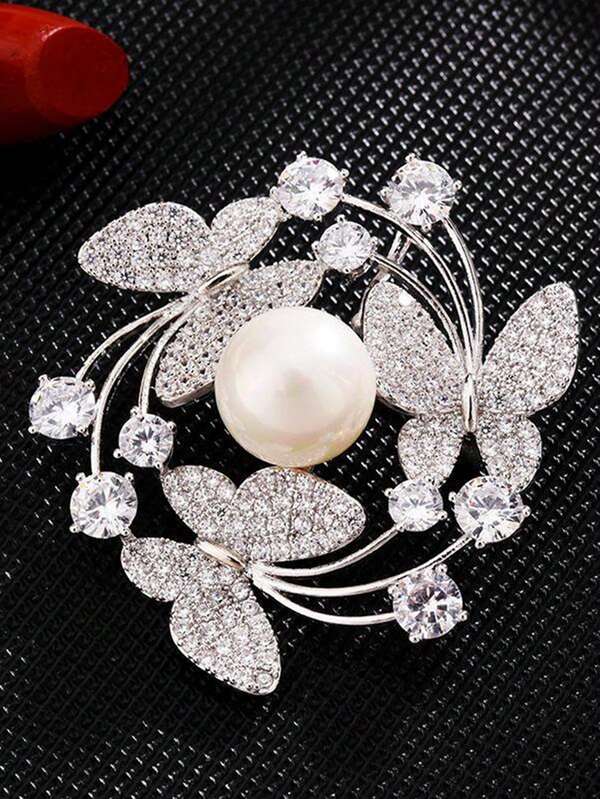 Faux Pearl & Rhinestone Butterfly Decor Brooch SHEIN USA
