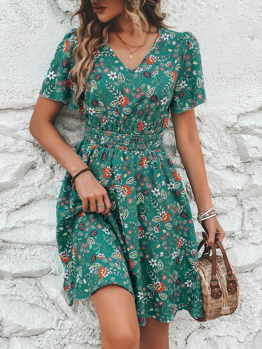 SHEIN Holidaya Floral Print V Neck A-line Dress - Green - View 1