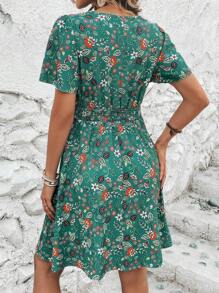 SHEIN Holidaya Floral Print V Neck A-line Dress - Green - View 2