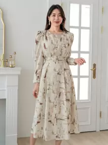 DAZY Vestido con estampado total y mangas abullonadas, vestido de otoño - Albaricoque - Ver 1