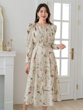 DAZY Jurk met allover print en pofmouwen, herfstjurk