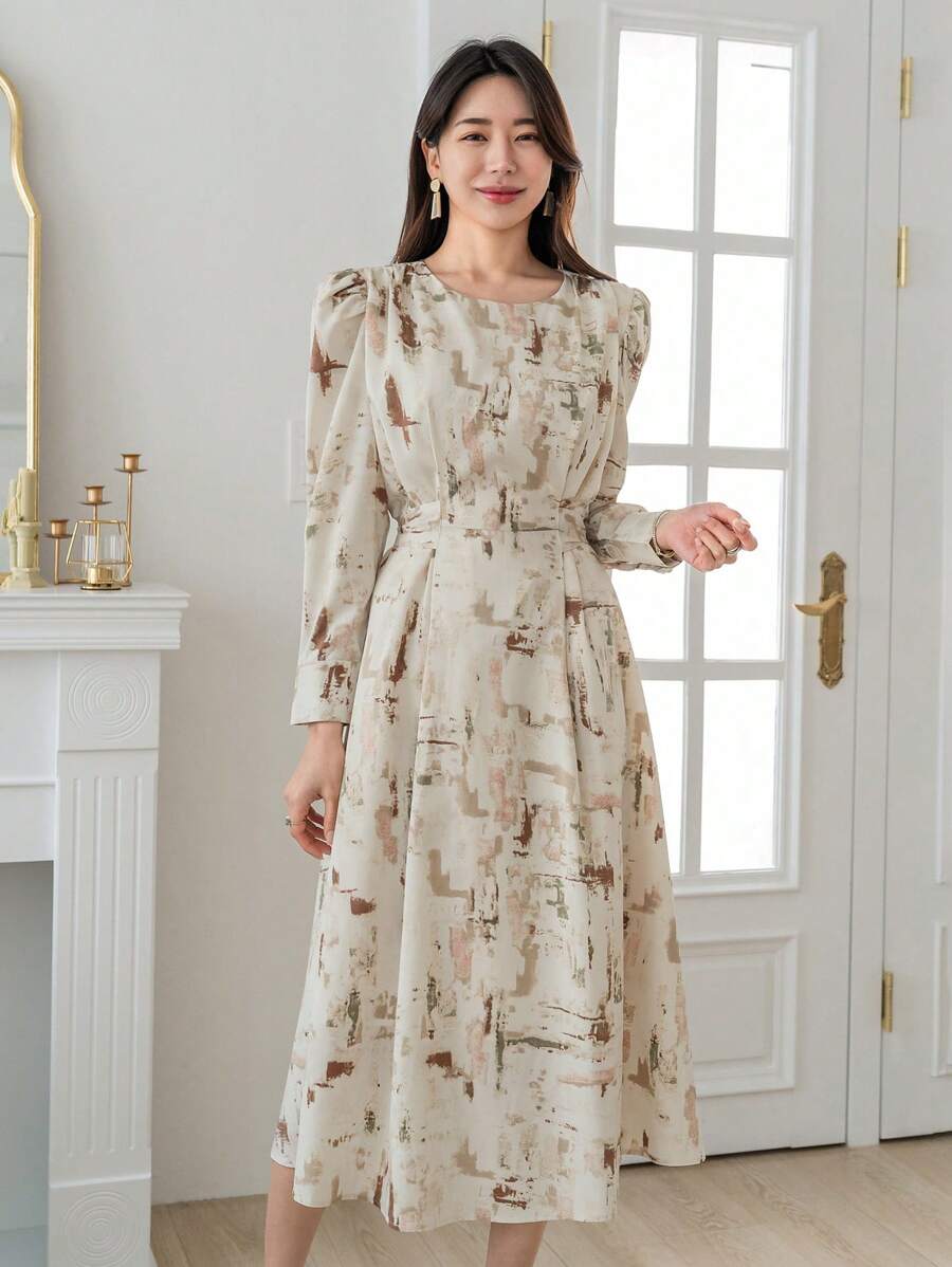 DAZY Vestido con estampado total y mangas abullonadas, vestido de otoño - Albaricoque - Ver 1