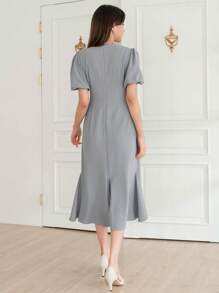 DAZY Solid Puff Sleeve A-line Dress - Grey - View 2