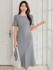DAZY Solid Puff Sleeve A-line Dress - Grey - View 4