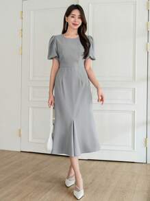 DAZY Solid Puff Sleeve A-line Dress - Grey - View 5