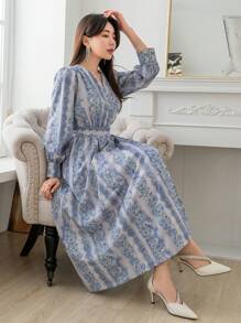 DAZY 印花燈籠袖連衣裙 - 藍色 - 查看 7