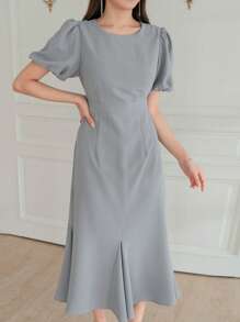 DAZY Solid Puff Sleeve A-line Dress - Grey - View 6