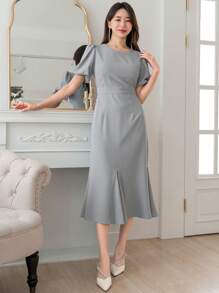 DAZY Solid Puff Sleeve A-line Dress - Grey - View 7