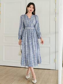 DAZY 印花燈籠袖連衣裙 - 藍色 - 查看 8