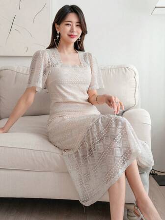 DAZY Square Neck Ruffle Hem Lace Dress