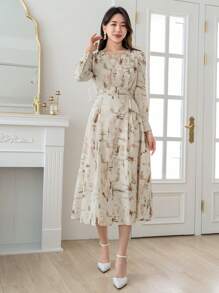 DAZY Vestido con estampado total y mangas abullonadas, vestido de otoño - Albaricoque - Ver 6