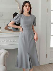DAZY Solid Puff Sleeve A-line Dress - Grey - View 8