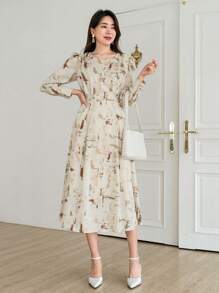 DAZY Vestido con estampado total y mangas abullonadas, vestido de otoño - Albaricoque - Ver 7