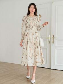 DAZY Vestido con estampado total y mangas abullonadas, vestido de otoño - Albaricoque - Ver 8