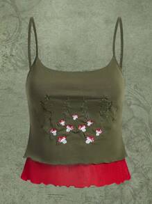 蘑菇刺繡邊緣拼接吊帶上衣 - 軍綠色 - 查看 1