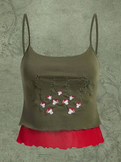 蘑菇刺繡邊緣拼接吊帶上衣